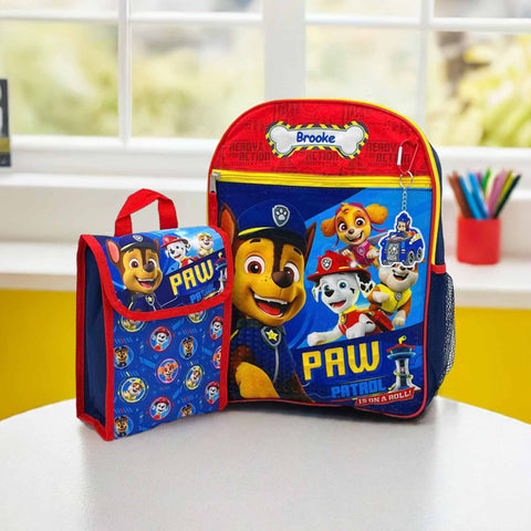 Personalized 16 Paw Patrol Chase Marshall Rubble and Skye Is On A Roll Backpack with Bonus Lunch Bag Carabiner Clip and Character Dongle