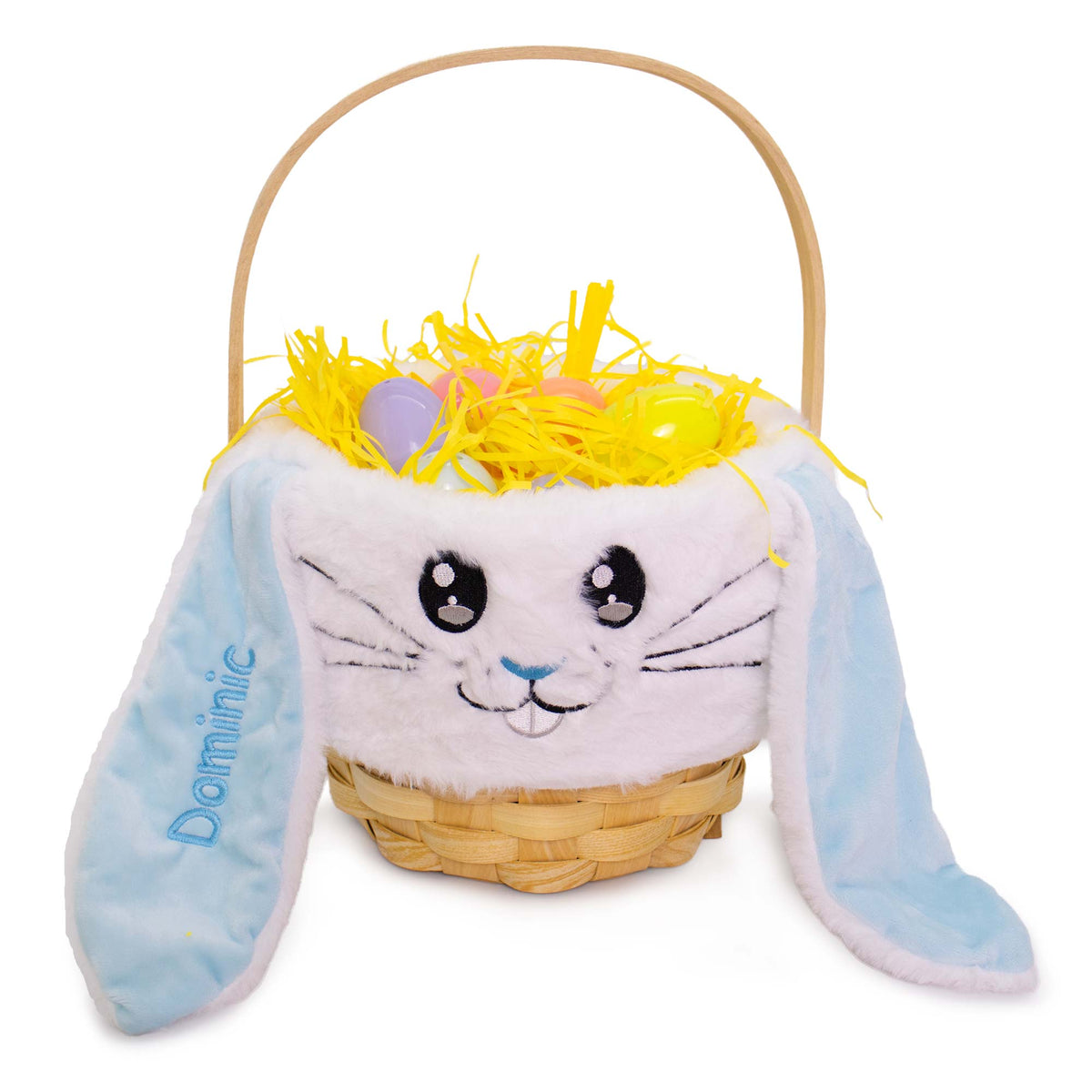 Personalized Classic Wicker Woodchip Easter Basket - Plush Blue Bunny ...